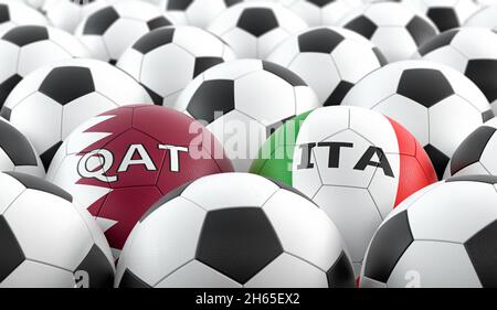 Partita di calcio Italia vs Qatar - palle in pelle in Italia e colori nazionali Qatar. Rendering 3D Foto Stock