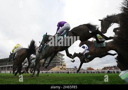 I corridori e i cavalieri saltano una recinzione mentre prendono parte alla inseguimento di handicap della tazza d'oro di Paddy Power durante il giorno due dell'incontro di novembre all'ippodromo di Cheltenham. Data foto: Sabato 13 novembre 2021. Foto Stock