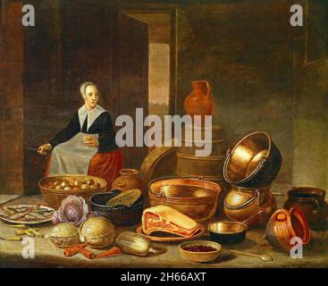 Floris van Schooten - interni in cucina con un cuoco femminile Foto Stock