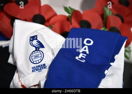 Exeter, Regno Unito. 13 Nov 2021. EXETER, GBR. 13 NOVEMBRE il ricordo di Oldham Athletic durante la partita della Sky Bet League 2 tra Exeter City e Oldham Athletic al St James' Park, Exeter sabato 13 novembre 2021. (Credit: Eddie Garvey | MI News) Credit: MI News & Sport /Alamy Live News Foto Stock