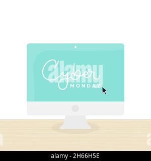 Scritta Cyber Monday sullo schermo del desktop con puntatore del mouse. Concetto di shopping online, acquisti web, business digitale, consegna. Illustratio vettoriale Illustrazione Vettoriale