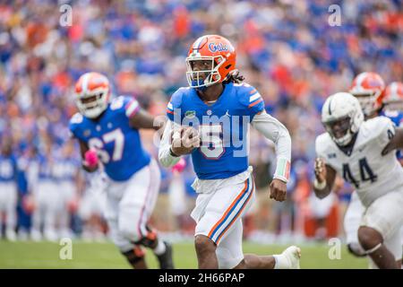 13 novembre 2021: Florida Gators quarterback Emory Jones (5) precipita oltre la difesa durante la partita di football NCAA tra i Samford Bulldogs e i Florida Gators al ben Hill Griffin Stadium Gainesville, FL. Jonathan Huff/CSM. Foto Stock