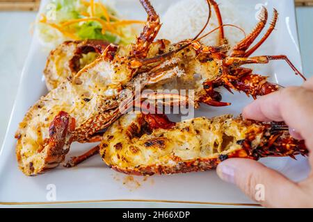 Primo piano di code di aragosta appena grigliate servite con insalata di verdure e lievitare. Foto di alta qualità Foto Stock