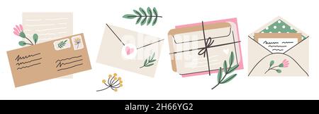 Buste Doodle. Lettere di carta del mestiere sigillate o aperte. Lettere vettoriali e cartoline Illustrazione Vettoriale