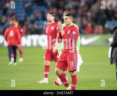 Oslo, Norvegia. 12 novembre 2021. Mohamed Elyooussi (11) di Norvegia visto dopo la qualificazione della Coppa del mondo UEFA tra Norvegia e Lettonia allo stadio Ullevaal di Oslo. (Photo Credit: Gonzales Photo/Alamy Live News Foto Stock