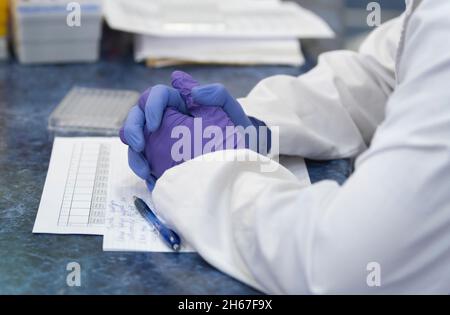 Un uomo in abito medico siede a un tavolo di lavoro con le mani unite, le mani di un uomo in guanti. Foto Stock