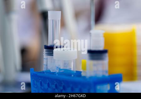 Le provette e le provette in plastica chimica sono in un rack blu. Colonna portatile per filtrazione di sostanze chimiche. Foto Stock