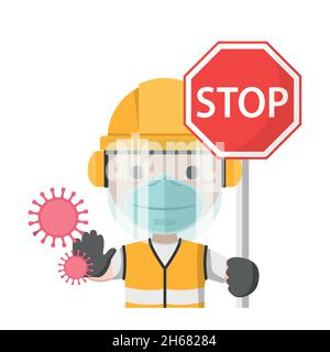 Progettazione di un lavoratore con il suo team di sicurezza industriale che protegge contro i covidi Illustrazione Vettoriale