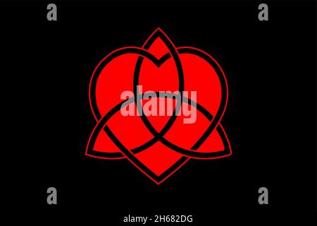 Nodo dell'amore celtico, forma del cuore intrecciata e Triquetra, nodo eterno simbolo dell'amore. Logo rosso icona concetto di San Valentino, vettore tatuaggio isolato Illustrazione Vettoriale