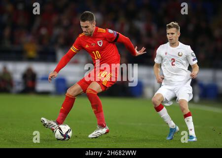 Cardiff, Regno Unito. 13 Nov 2021. Aaron Ramsey del Galles in azione. Qualificatore della Coppa del mondo FIFA, gruppo e, Galles / Bielorussia allo stadio della città di Cardiff, Galles del Sud, sabato 13 novembre 2021. Solo per uso editoriale. pic by Andrew Orchard/Andrew Orchard SPORTS photography/Alamy Live News Credit: Andrew Orchard SPORTS photography/Alamy Live News Foto Stock