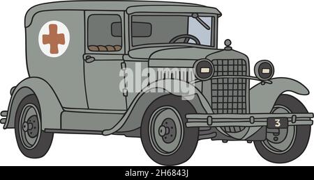 Il disegno a mano vettorizzato di un'ambulanza militare vintage Illustrazione Vettoriale