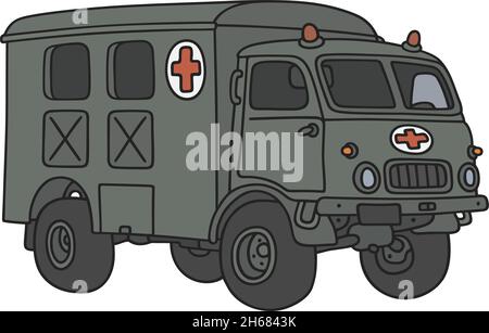 Il disegno a mano vettorizzato di una vecchia ambulanza militare Illustrazione Vettoriale