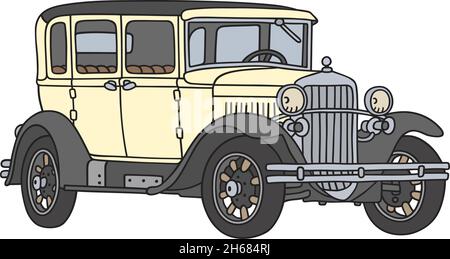 Il disegno a mano vettorizzato di una limousine vintage in bianco e nero Illustrazione Vettoriale
