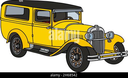 Il disegno a mano vettorizzato di un carro di stazione giallo d'epoca Illustrazione Vettoriale
