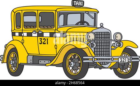 Il disegno a mano vettorizzato di un taxi giallo d'epoca Illustrazione Vettoriale