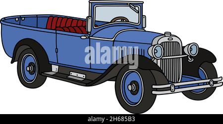 Il disegno a mano vettorizzato di un'auto d'epoca blu aperta Illustrazione Vettoriale