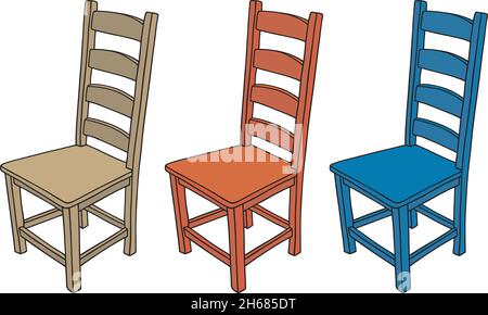 Il disegno a mano vettorizzato di tre sedie in legno di colore classico Illustrazione Vettoriale