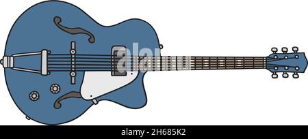 Il disegno vettorizzato di una chitarra semiacustica blu retrò Illustrazione Vettoriale