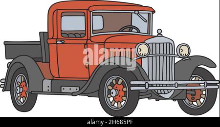 Il disegno a mano vettorizzato di un camion nero e rosso d'epoca Illustrazione Vettoriale