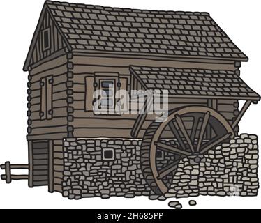 Il disegno a mano vettorizzato di un vecchio mulino ad acqua in legno Illustrazione Vettoriale