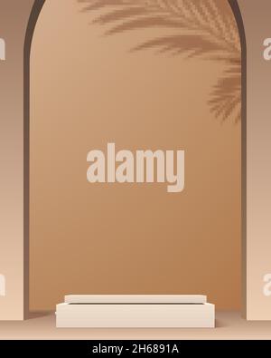 Podio del display del prodotto. Arco e ombra di foglia di palma sullo sfondo. Sfondo beige per o presentazione dei prodotti. Illustrazione Vettoriale