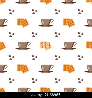 Modello senza cuciture con tazza, piattino, chicchi di caffè e waffle. Stampa con tazza e dolci per caffè, tessuti e design. Illustrazione piatta vettoriale Illustrazione Vettoriale