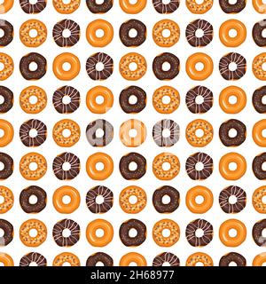 Motivo senza cuciture da ciambelle smaltate. Stampa da dolci per compleanno, festa e festa. Illustrazione vettoriale piatta di dessert e cibo Illustrazione Vettoriale