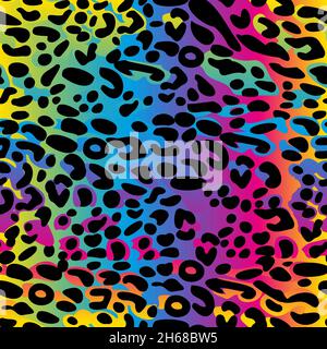 Motivo senza cuciture Rainbow leopard. Sfondo vettoriale neon colorato. Sfondo sfumato. Illustrazione Vettoriale