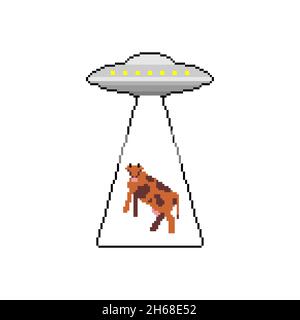 UFO steals mucca pixel art. Pixelated Alien flying piattino e mucche 8 bit. Concetto di civiltà extraterrestre ed esperimenti su un altro pianeta Illustrazione Vettoriale