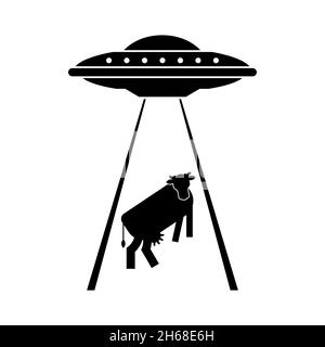 UFO ruba mucca segno icona. Piatto volante alieno e mucche. Concetto di civiltà extraterrestre ed esperimenti su un altro pianeta Illustrazione Vettoriale