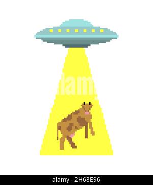 UFO steals mucca pixel art. Pixelated Alien flying piattino e mucche 8 bit. Concetto di civiltà extraterrestre ed esperimenti su un altro pianeta Illustrazione Vettoriale