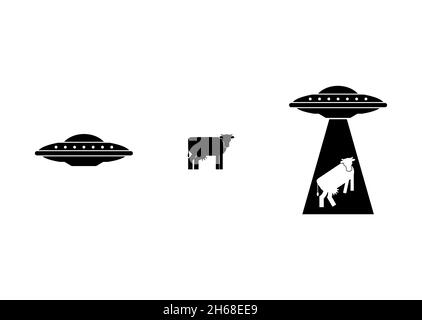 UFO ruba mucca segno icona. Piatto volante alieno e mucche. Concetto di civiltà extraterrestre ed esperimenti su un altro pianeta Illustrazione Vettoriale