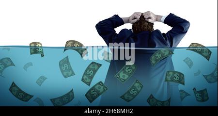 Annegando in perdita finanziaria e debito e mantenendo la vostra testa finanziaria sopra l'acqua con un uomo d'affari che affonda in acqua come simbolo del commercio. Foto Stock