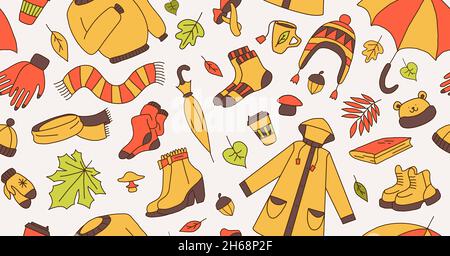 set di icone che simboleggiano l'autunno, stile cartoon luminoso, illustrazione vettoriale. Illustrazione Vettoriale