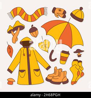 set di icone che simboleggiano l'autunno, stile cartoon luminoso, illustrazione vettoriale. Illustrazione Vettoriale
