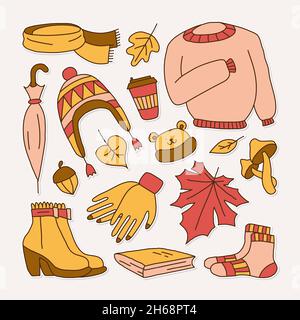 set di icone che simboleggiano l'autunno, stile cartoon luminoso, illustrazione vettoriale. Illustrazione Vettoriale