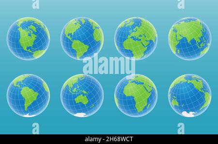 Impostare i globi 3D con il vettore mappe mondiali EPS10. Illustrazione Vettoriale