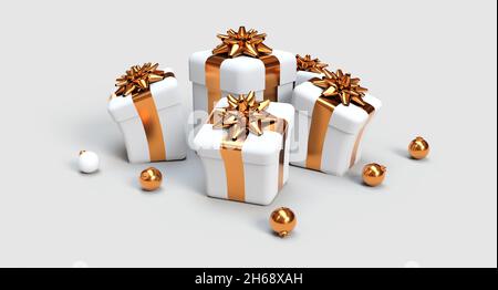 Regali di natale su sfondo grigio - rendering 3D Foto Stock