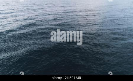 Vista dall'alto delle anatre galleggianti sul lago. Scatto. Il gregge selvaggio di anatre nuota sul lago in tempo nuvoloso. Vista panoramica delle anatre sul lago con orizzonte lontano di Foto Stock