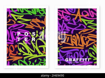 sfondo graffiti multicolore con lettere di marcatura, etichette con caratteri colorati Illustrazione Vettoriale