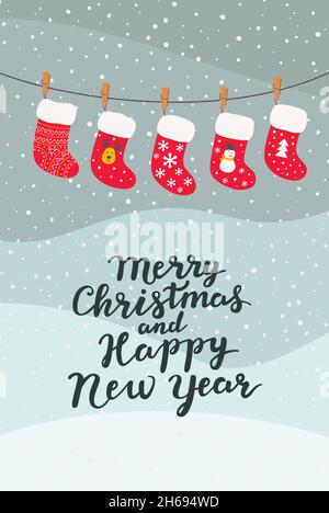 Biglietto di auguri con calze di Natale. Illustrazione vettoriale. Illustrazione Vettoriale