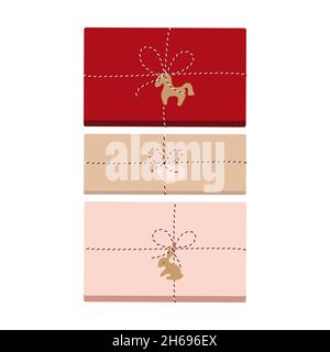 Set di confezioni regalo con etichette. Design per biglietti d'auguri, striscioni, poster. Illustrazione vettoriale. Illustrazione Vettoriale