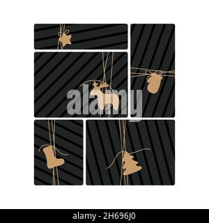 Set di confezioni regalo con etichette. Design per biglietti d'auguri, striscioni, poster. Illustrazione vettoriale. Illustrazione Vettoriale