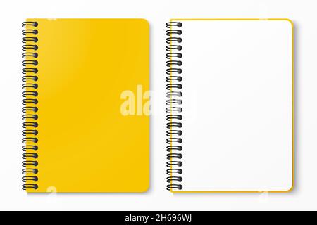 Vista dall'alto del notebook a spirale giallo con spazio per l'immagine o il testo isolato su sfondo bianco per il mockup. Concetto di design. Illustrazione vettoriale. Illustrazione Vettoriale