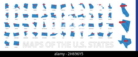 Raccolta di mappe a poligono basso degli stati degli Stati Uniti con un segno capitale dello stato. Mappe in ordine alfabetico. Illustrazione Vettoriale