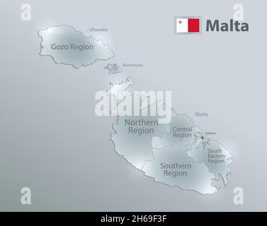 Mappa e bandiera di Malta, divisione amministrativa, separa regioni e nomi, design vetro card 3D vettoriale Illustrazione Vettoriale