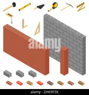 Mattone e muro di blocco di scorie con utensile a muratore. stile isometrico 3d, illustrazione vettoriale. Illustrazione Vettoriale