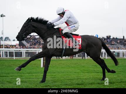 Harry Skelton guida Nube Negra sulla loro strada per vincere la caccia Shloer (registrata come Chase Cheltenham) durante il giorno tre del meeting di novembre all'ippodromo di Cheltenham. Data foto: Domenica 14 novembre 2021. Foto Stock