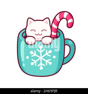 Tazza di Natale con gatto marshmallow e canna di caramelle. Kawaii latte art. Carino cartoon Natale biglietto di auguri illustrazione vettoriale. Illustrazione Vettoriale