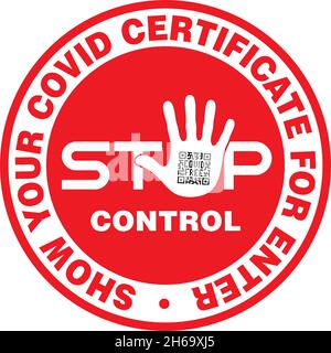 STOP Sticker per il controllo del codice QR certificato Coronavirus Covid-19. Segno vettoriale. Illustrazione Vettoriale